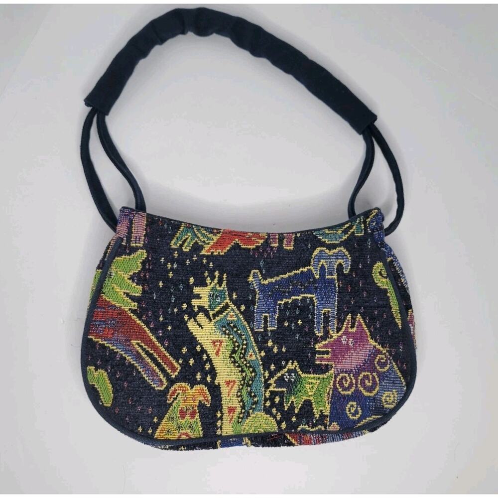 Laurel Burch Colorful Cat & Dog Tapestry Boho Artistic Shoulder Bag Navy - Picture 2 of 9